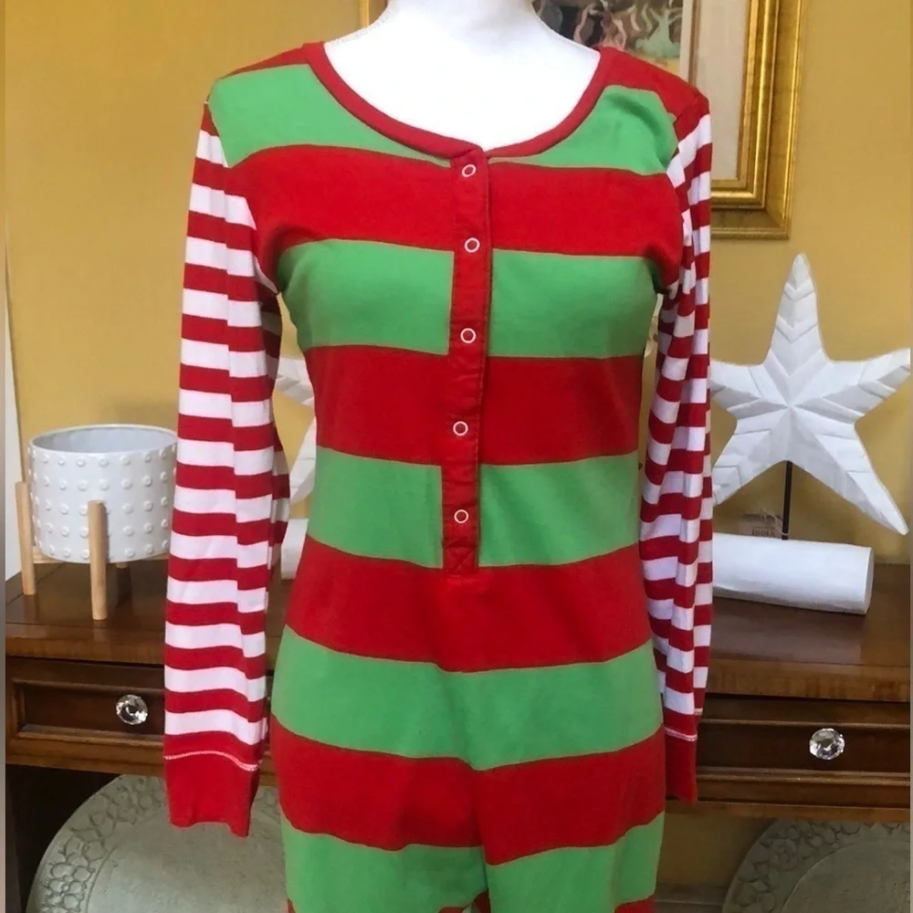 Wonder Shop @ Target Red Green & White Striped Christmas Holiday Elf Jumpsuit Md - Picture 2 of 10